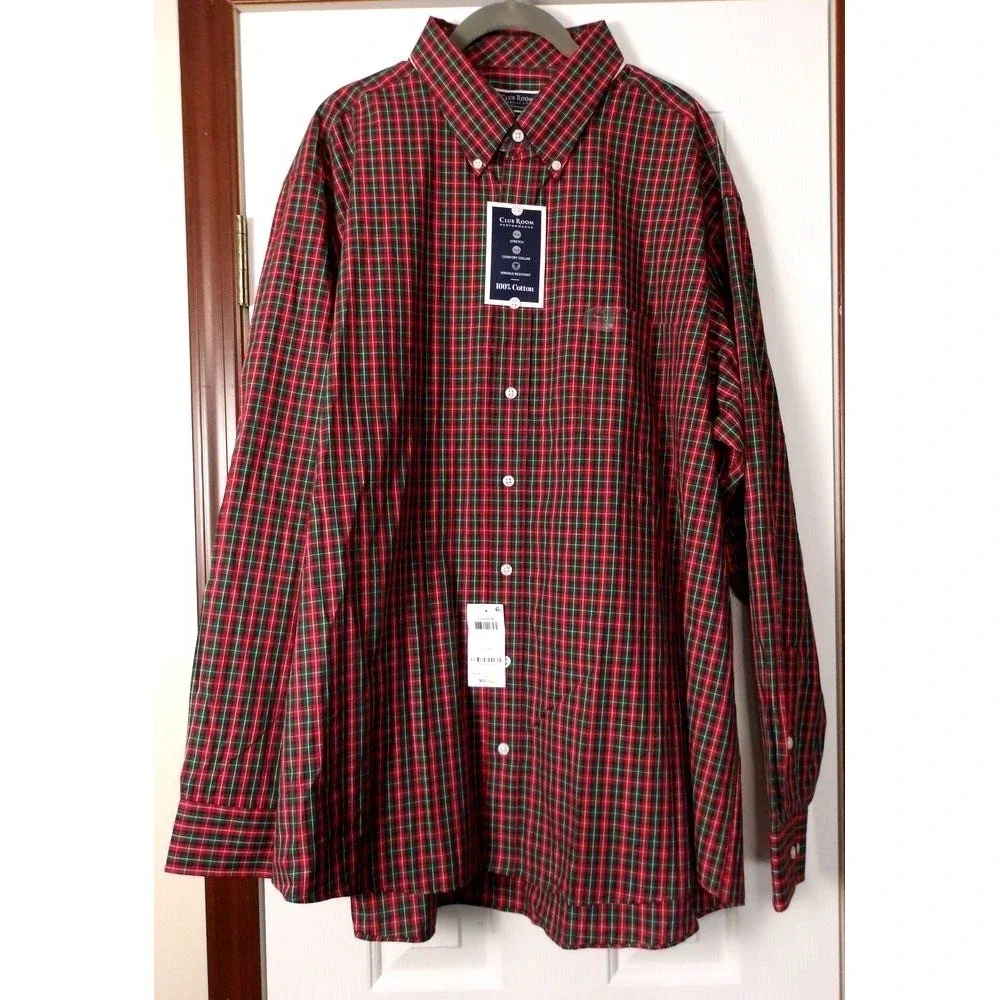 Club Room Classic-Fit Red & Green Plaid Button-Down Cotton Shirt‎ Holiday Style